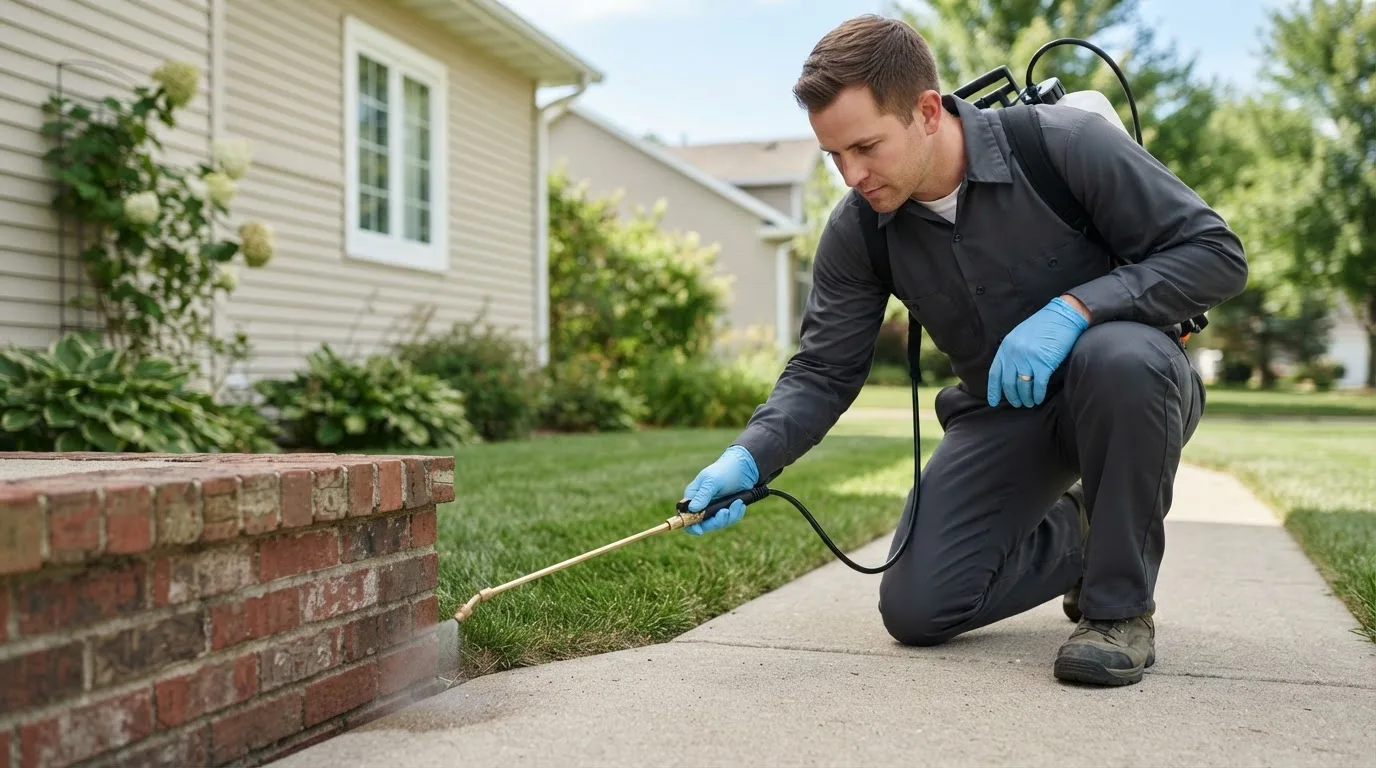 Pest control technician treating a home near Wanblee, SD